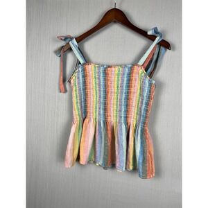 Gap Smocked Peplum Top XL Rainbow Stripe Tie Shoulder Linen Blend